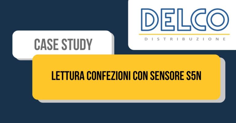 Riquadro bianco con scritto all'interno "case study". Riquadro giallo con scritto all'intero "lettura confezioni con sensore S5N" e logo di Delco Distribuzione in alto a destra